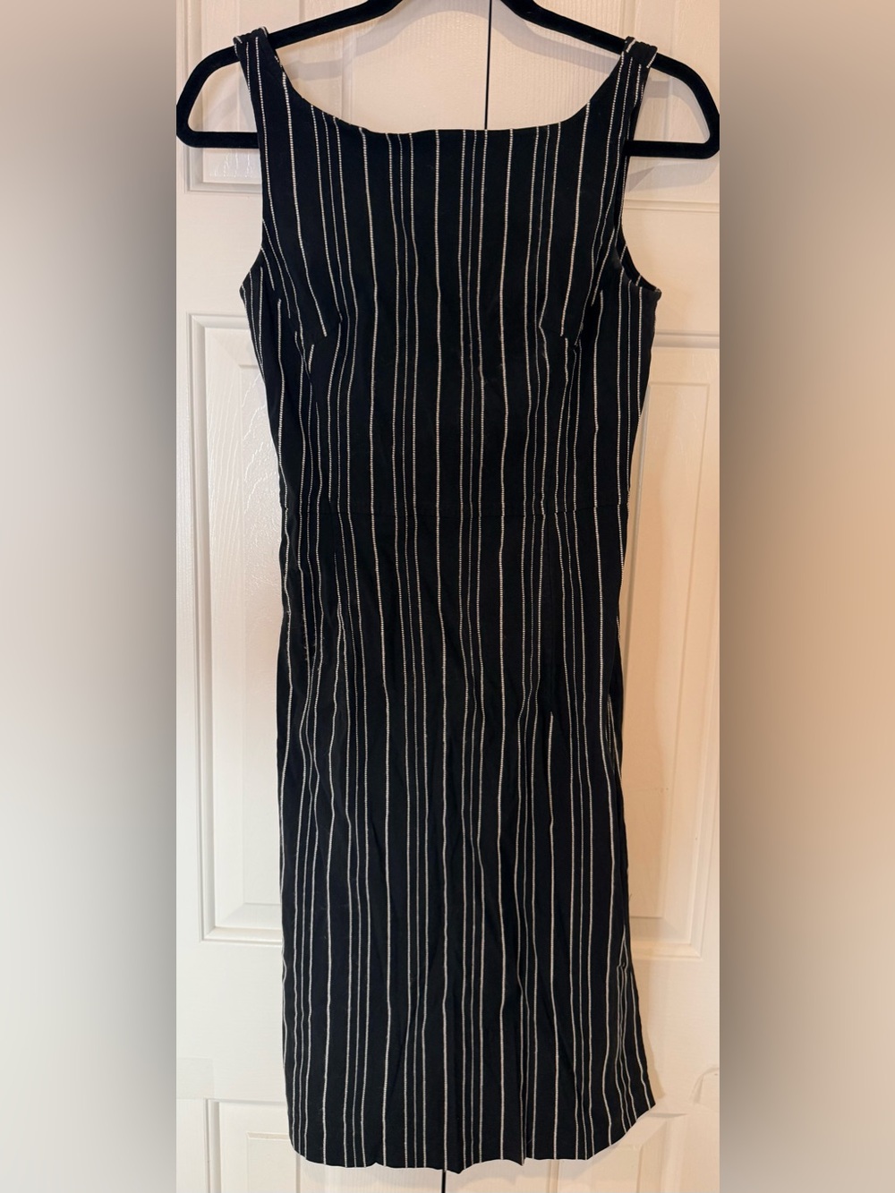 Express Black Dress with White Pinstripes Body Con Stretch Sleeveless Slim